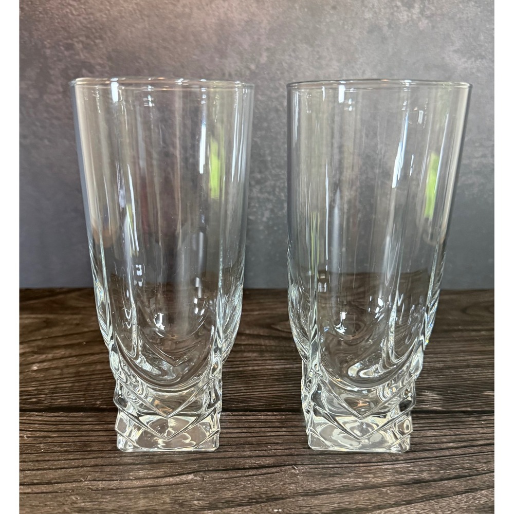 Vintage Crystal Highball Glasses Diamond Cut Base Geometric Barware Set of 2